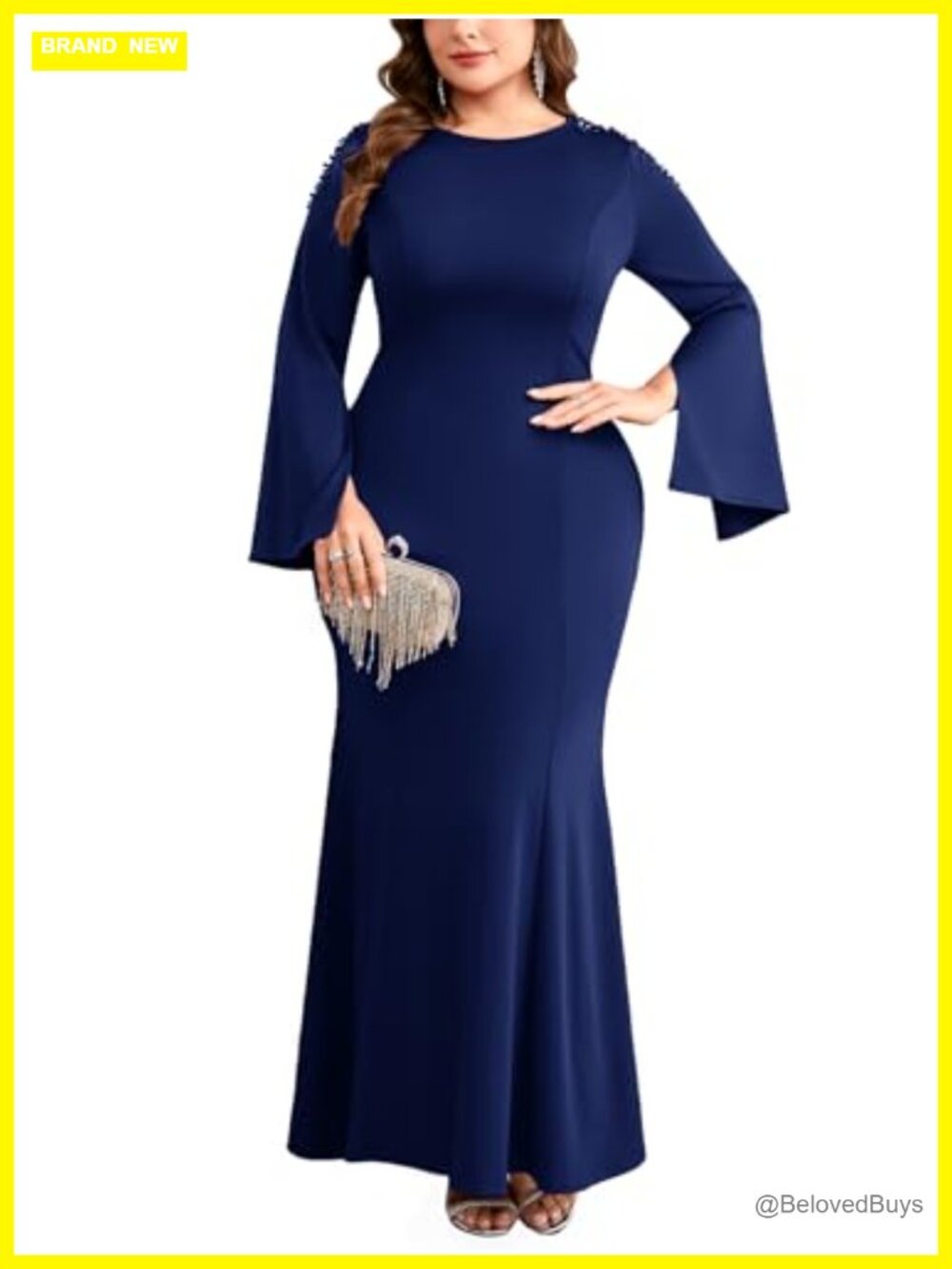 Plus Size Satin-Like Mermaid Maxi Dress Long Sleeve Pearl Rhinestone Formal